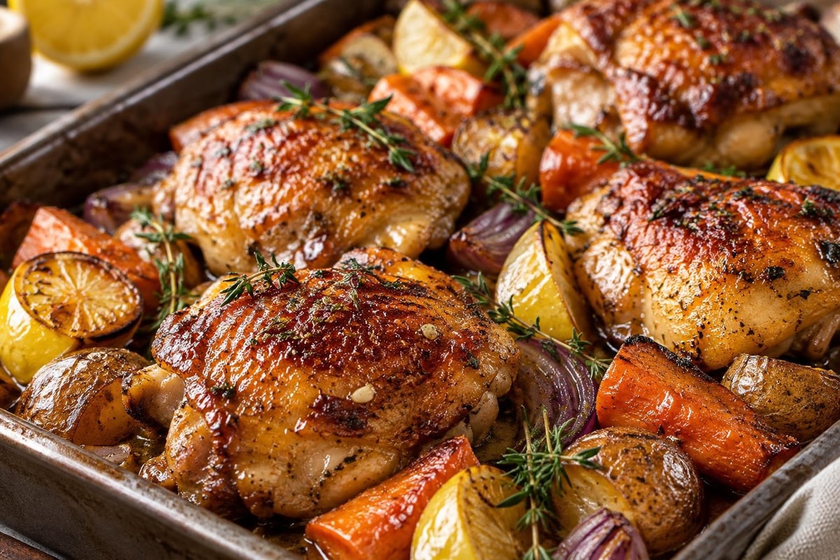Crispy Skin Chicken Thighs Tray Crispy Skin Chicken Thighs Tray recipe from Sage & Millet Kitchen