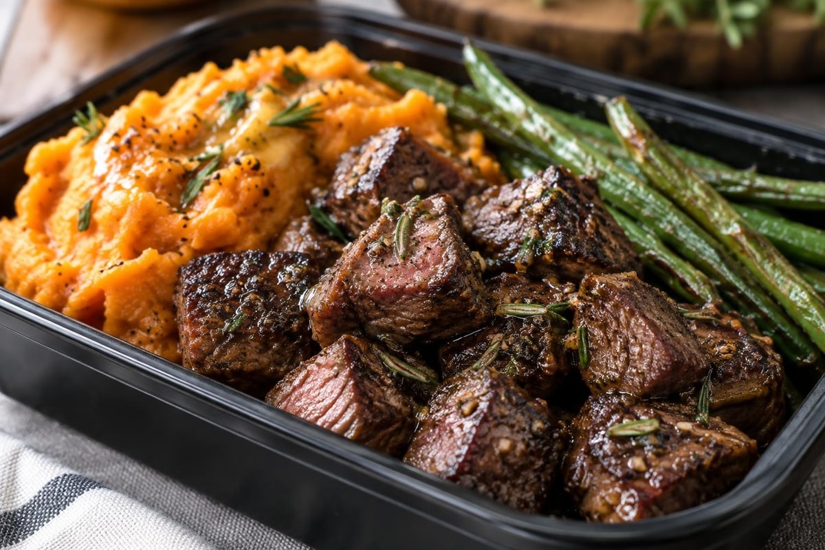 Portioned Steak Bites Sweet Potato Mash Trays Portioned Steak Bites Sweet Potato Mash Trays recipe from Sunday Box Kitchen