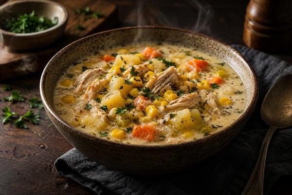 Slow Cooker Creamy Chicken & Corn Soup recipe from Ember Pot