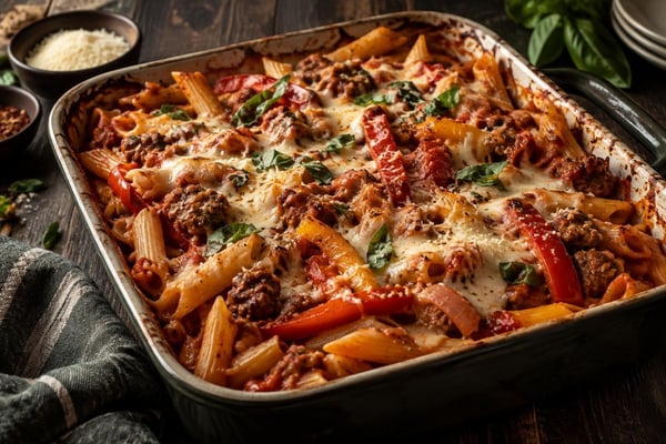 Italian Sausage and Pepper Pasta Bake recipe from Freezer Meals Hub