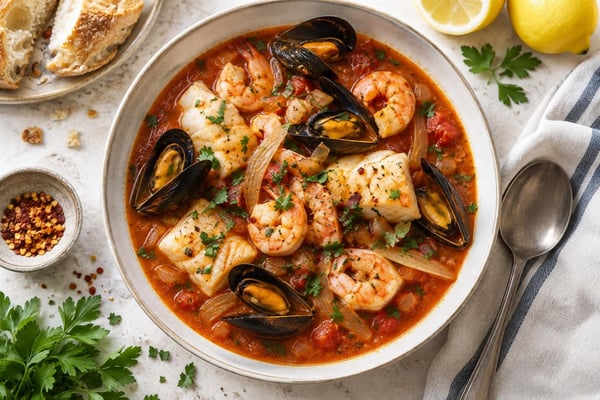 Spicy Seafood Stew Shortcut recipe from Harbor Spoon Kitchen