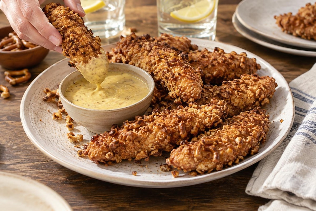 Crowd-Pleasing Honey Mustard Pretzel Chicken Tenders Crowd-Pleasing Honey Mustard Pretzel Chicken Tenders recipe from Little Fork Academy