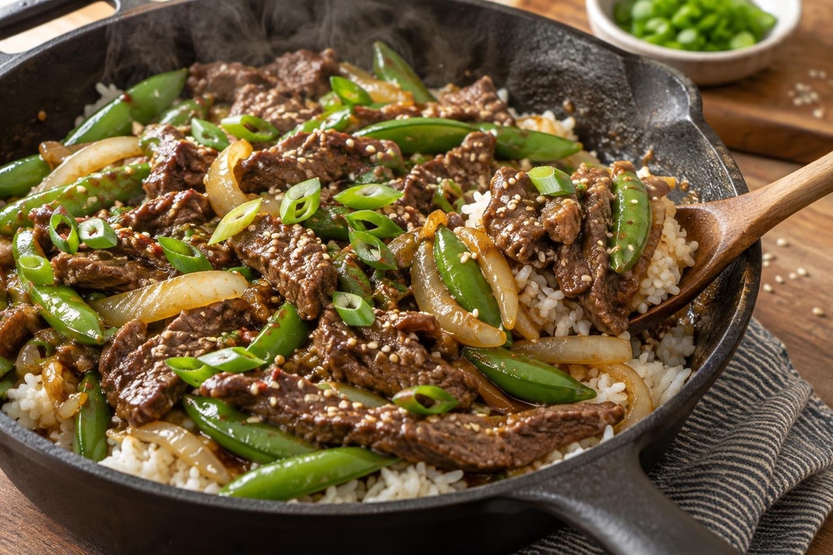 Beef Stir-Fry Snap Pea Rice recipe from Clear Brook Kitchen