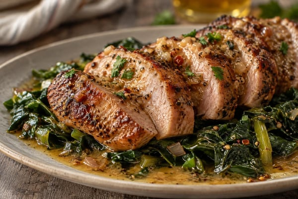 Seared Pork Tenderloin with Mustard Greens recipe from Macro Plate Co.