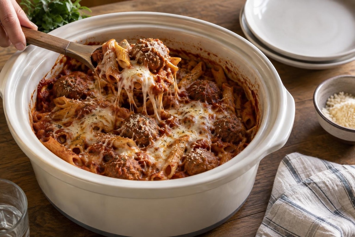Cheesy Slow Cooker Meatball Pasta Cheesy Slow Cooker Meatball Pasta recipe from Thrifty Thyme