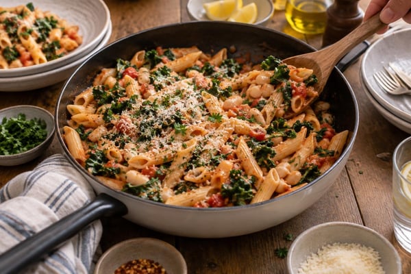 Crowd Feed Penne Kale White Bean Skillet Crowd Feed Penne Kale White Bean Skillet recipe from Pantry Ledger Kitchen