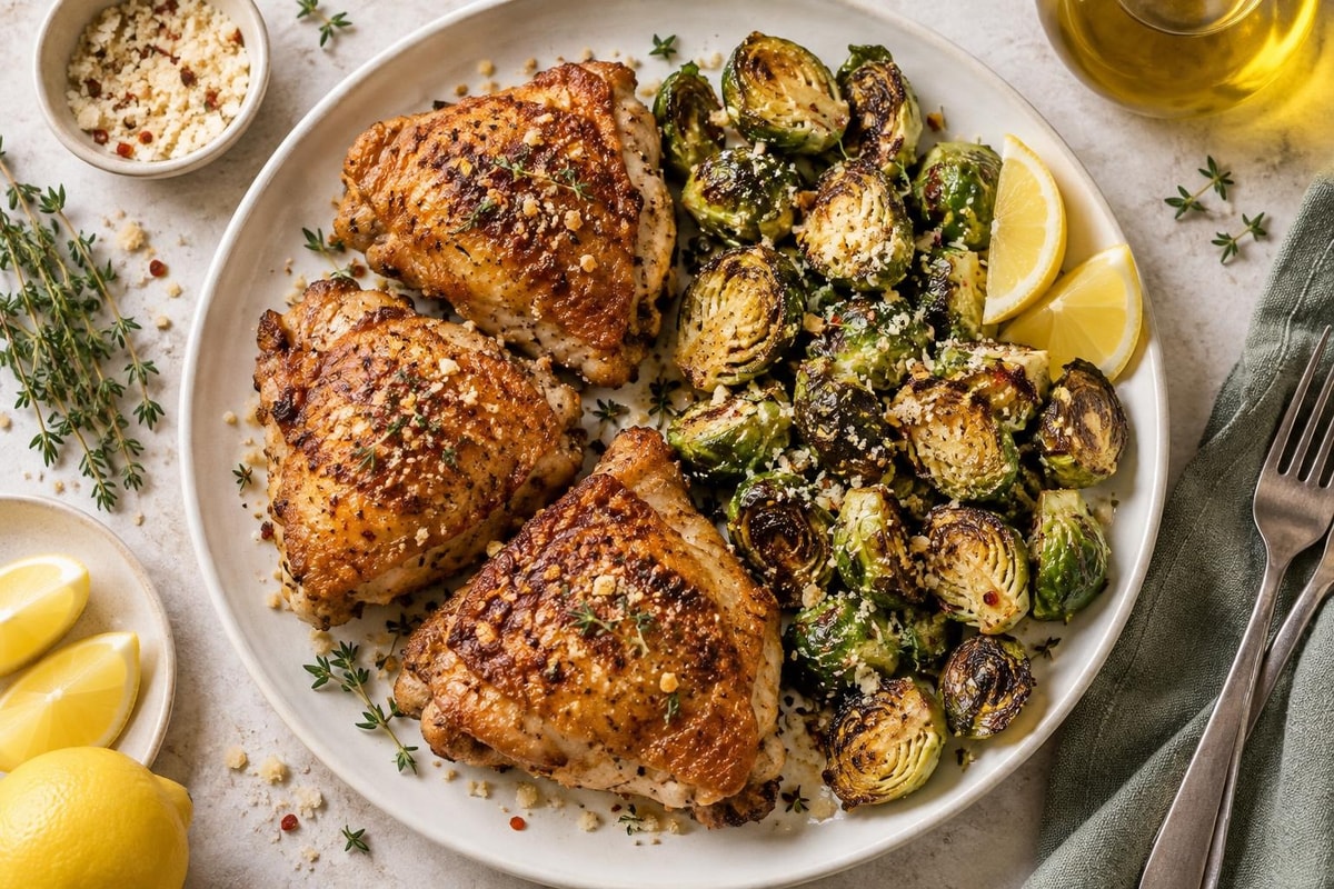 Keto-ish Crispy Chicken Thighs with Brussels Keto-ish Crispy Chicken Thighs with Brussels recipe from Carb Smart Table