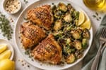 Keto-ish Crispy Chicken Thighs with Brussels recipe from Carb Smart Table
