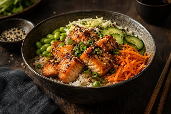 Crispy Salmon Rice Bowls recipe from Protein Packed Weeknights