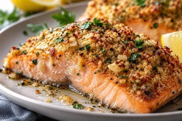 Garlic Parmesan Crusted Salmon recipe from Ketolite Table