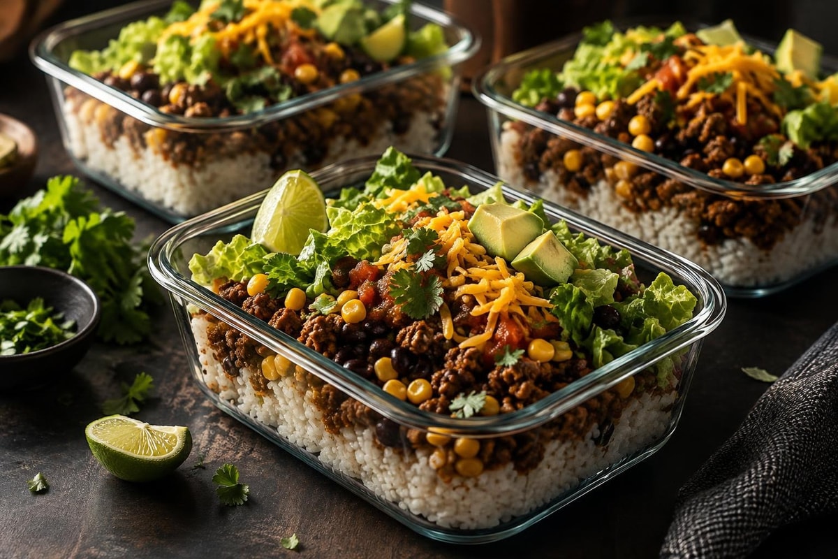 Portioned Lean Beef Taco Rice Containers Portioned Lean Beef Taco Rice Containers recipe from Sunday Box Kitchen