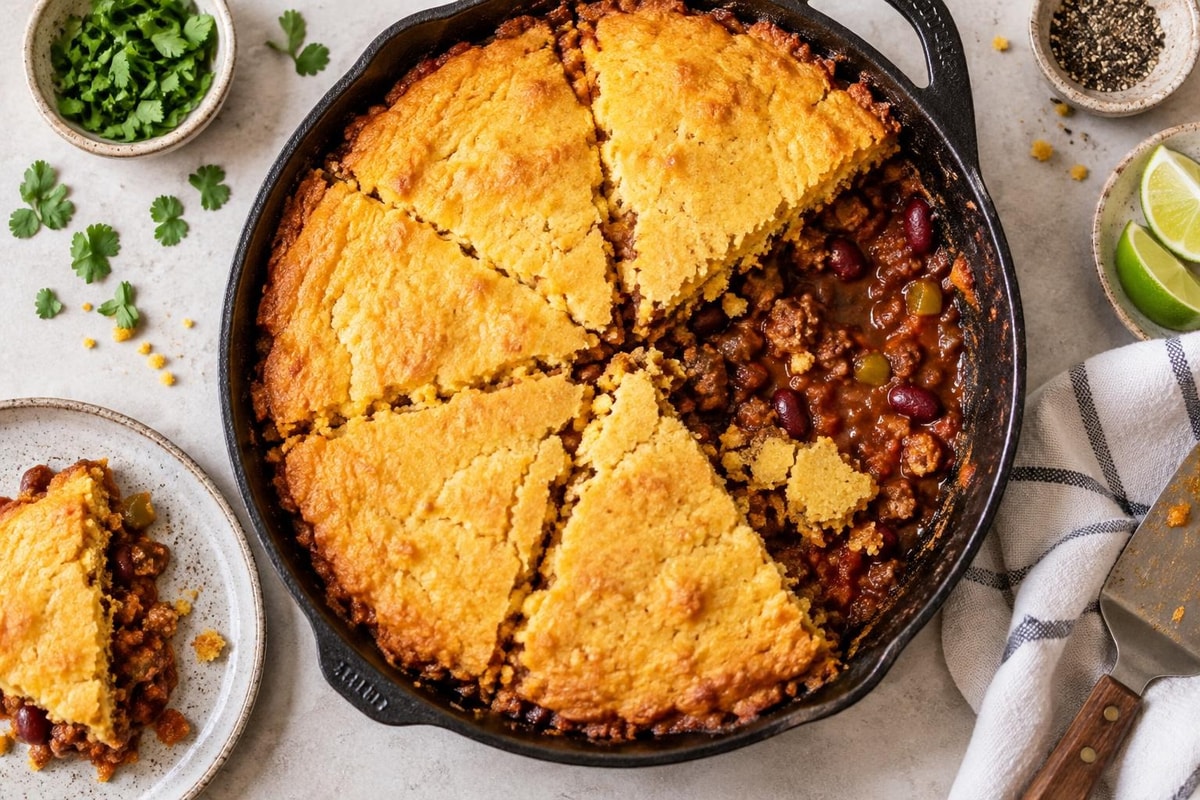 Buttery Cornbread Topped Chili Pie Buttery Cornbread Topped Chili Pie recipe from Heritage Fork Suppers