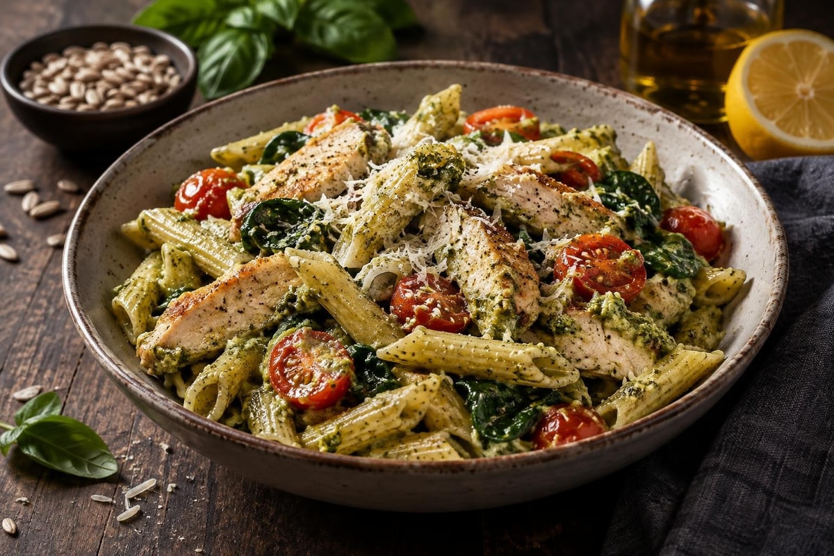 Sunflower Seed Pesto Pasta Chicken Sunflower Seed Pesto Pasta Chicken recipe from Safe Harbor Table