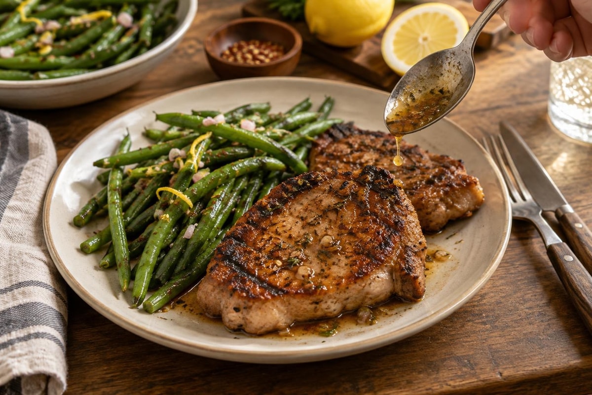 Homestyle Grilled Pork Chops with Garlic Green Beans Homestyle Grilled Pork Chops with Garlic Green Beans recipe from Heritage Fork Suppers