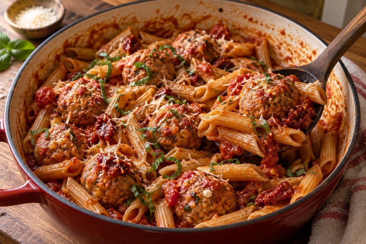 Grab-and-Go Sun-Dried Tomato Turkey Meatball Pasta Grab-and-Go Sun-Dried Tomato Turkey Meatball Pasta recipe from Sunday Box Kitchen