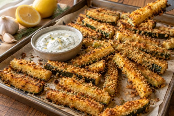 Dippable Crispy Parmesan Zucchini Fries recipe from Little Fork Academy