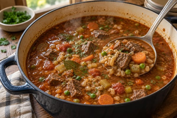 Beef Vegetable Barley Soup recipe from Safe Harbor Table