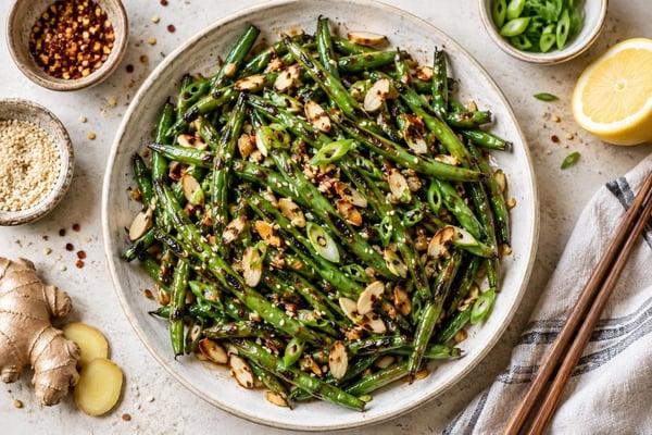 Grilled Tamari Almond Green Bean Stir-Fry recipe from Crossroads Kitchen