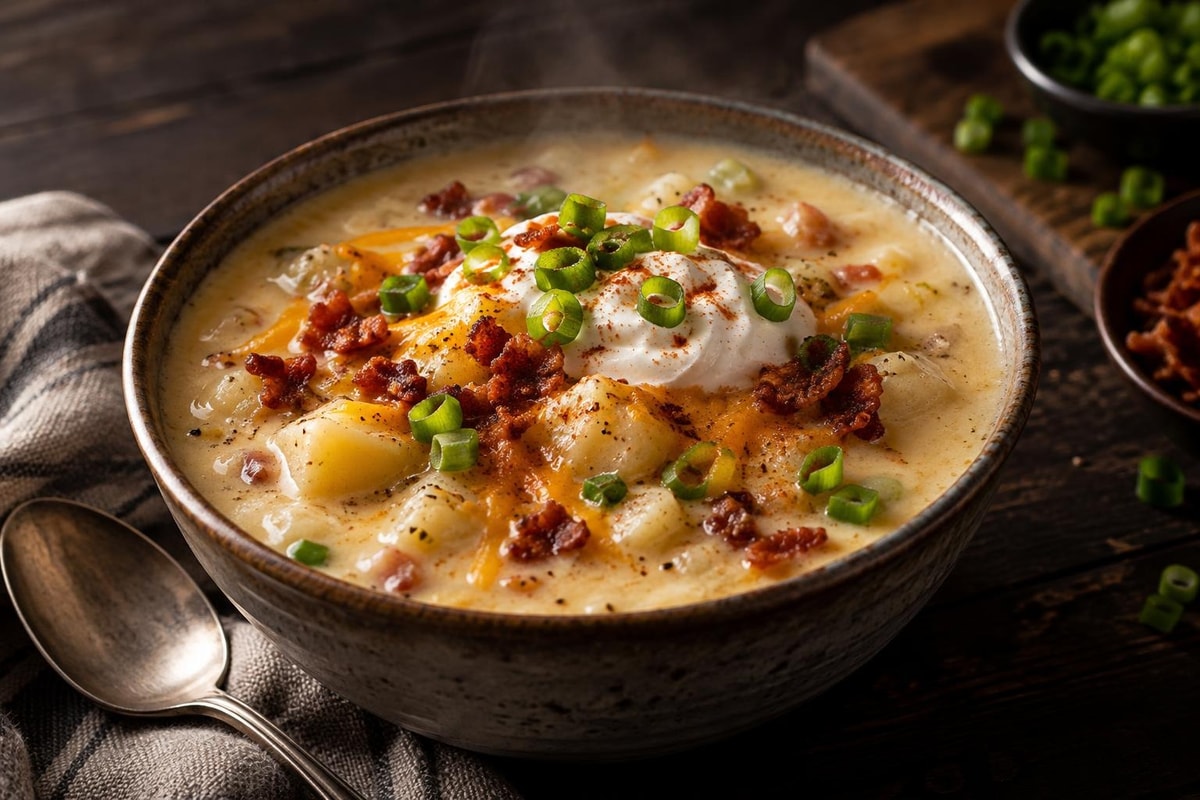 Cheesy Loaded Baked Potato Chowder recipe from Velvet Spoon Kitchen
