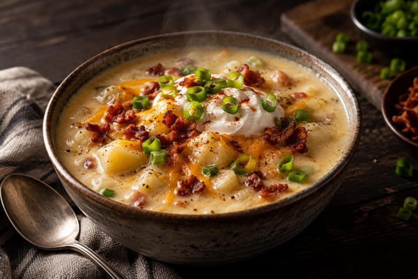 Cheesy Loaded Baked Potato Chowder recipe from Velvet Spoon Kitchen