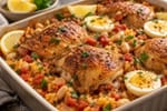 Pantry Simple Chicken Thigh Tomato Rice Tray recipe from Pantry Ledger Kitchen