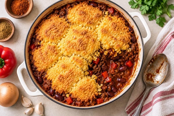 Slow-Simmer Beef Chili Cornbread Cobbler recipe from Velvet Spoon Kitchen
