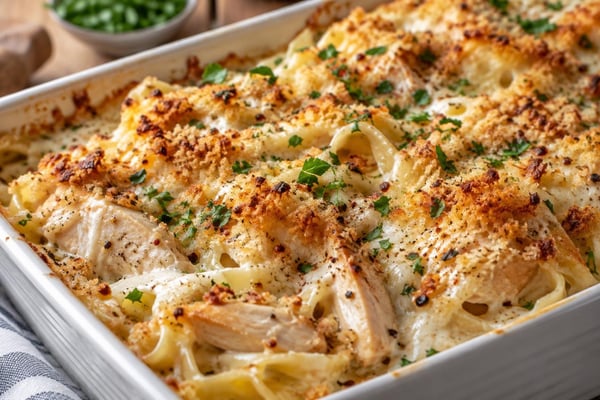 Three Cheese Chicken Alfredo Bake recipe from Hearthday Table
