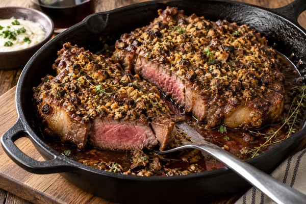 Hand-Cut Porcini Crusted Ribeye Hand-Cut Porcini Crusted Ribeye recipe from Copper Ladle Studio