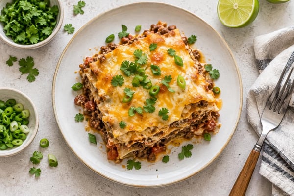 Creamy Cheesy Taco Lasagna Stacks recipe from Velvet Spoon Kitchen