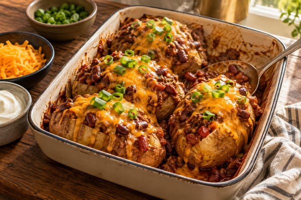 Golden Chili Cheese Baked Potato Bar Golden Chili Cheese Baked Potato Bar recipe from Heritage Fork Suppers