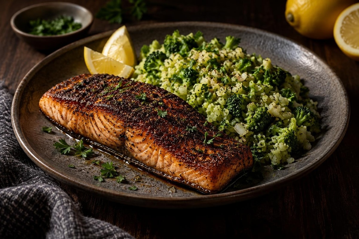 Power Blackened Salmon with Broccoli Rice Power Blackened Salmon with Broccoli Rice recipe from Macro Plate Co.