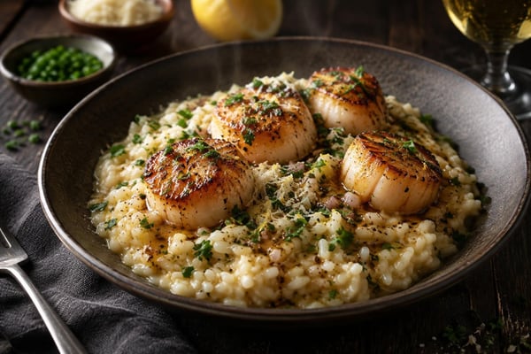 Scallops Brown Butter Herb Risotto Rice recipe from Harbor Spoon Kitchen