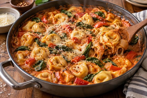 Crowd-Pleasing Cheesy Tortellini Skillet recipe from Little Fork Academy