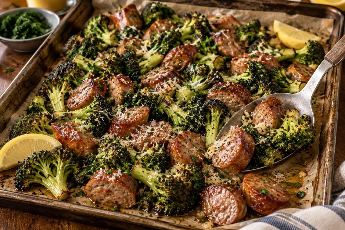 Sheet-Pan Sausage Broccoli Parmesan Tray recipe from Counter Carb Kitchen