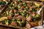 Sheet-Pan Sausage Broccoli Parmesan Tray recipe from Counter Carb Kitchen