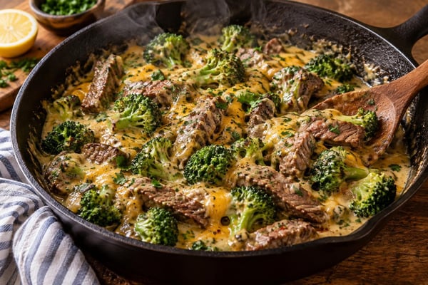 No-Bun Cheesy Garlic Broccoli Steak Skillet recipe from Carb Smart Table