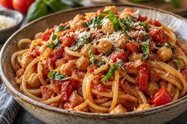 Tomato Chile Chicken Spaghetti recipe from The Verdant Spoon