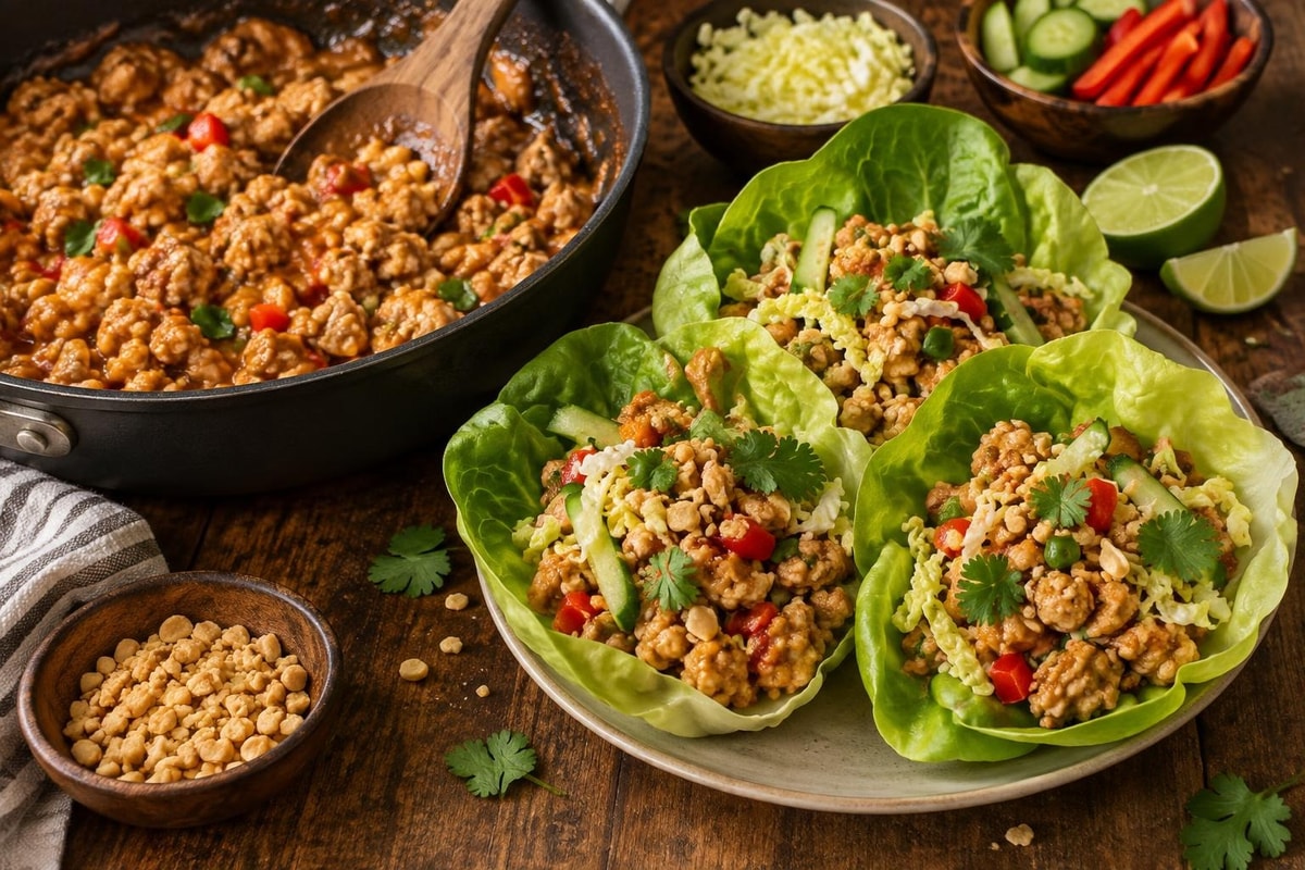 Thai Peanut Chicken Lettuce Cups recipe from Counter Carb Kitchen