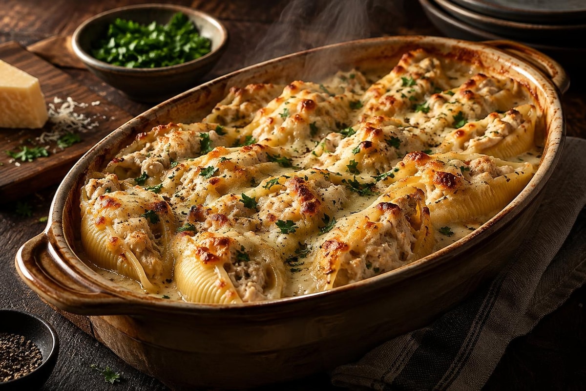 Chicken Alfredo Stuffed Shells Chicken Alfredo Stuffed Shells recipe from Hearthday Table