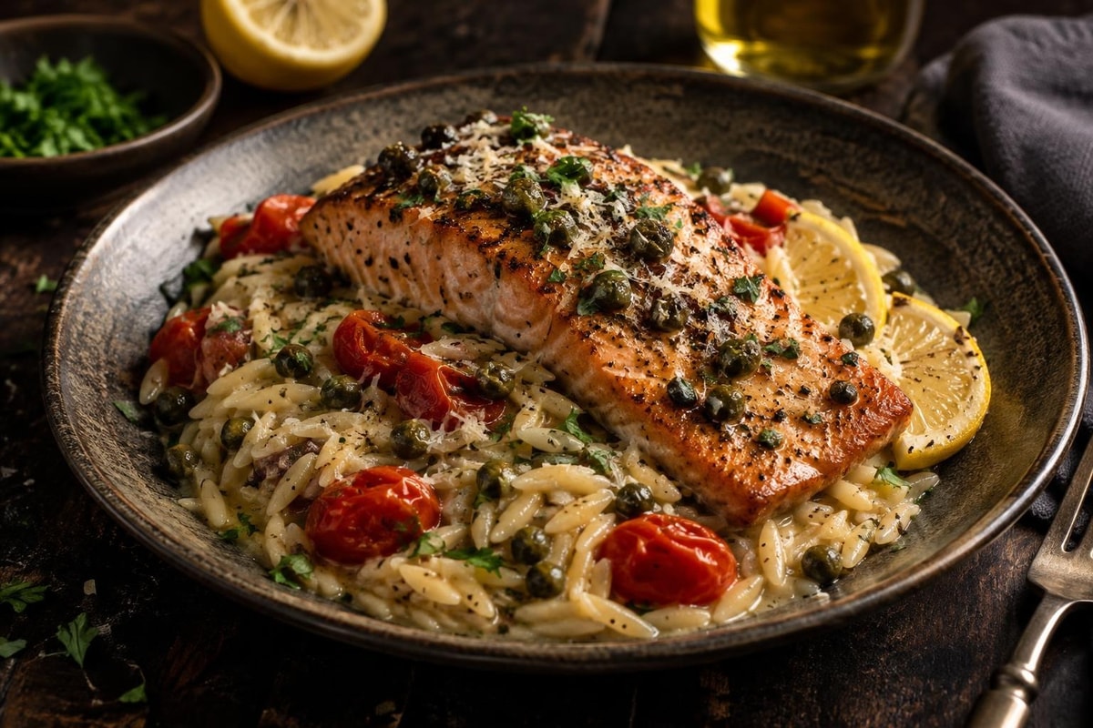 Roasted Lemon Caper Salmon Orzo Roasted Lemon Caper Salmon Orzo recipe from Crossroads Kitchen
