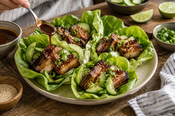 BBQ Pork Belly Lettuce Cups recipe from Ketolite Table