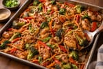 Sheet-Pan Ginger Scallion Noodle Bowl recipe from Crossroads Kitchen