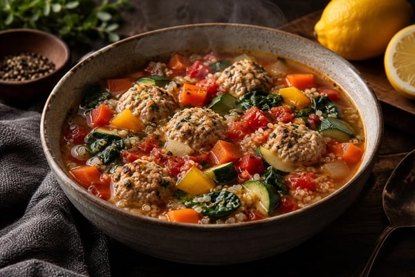 Rainbow Veggie Packed Turkey Meatball Soup recipe from Bright Balance Kitchen