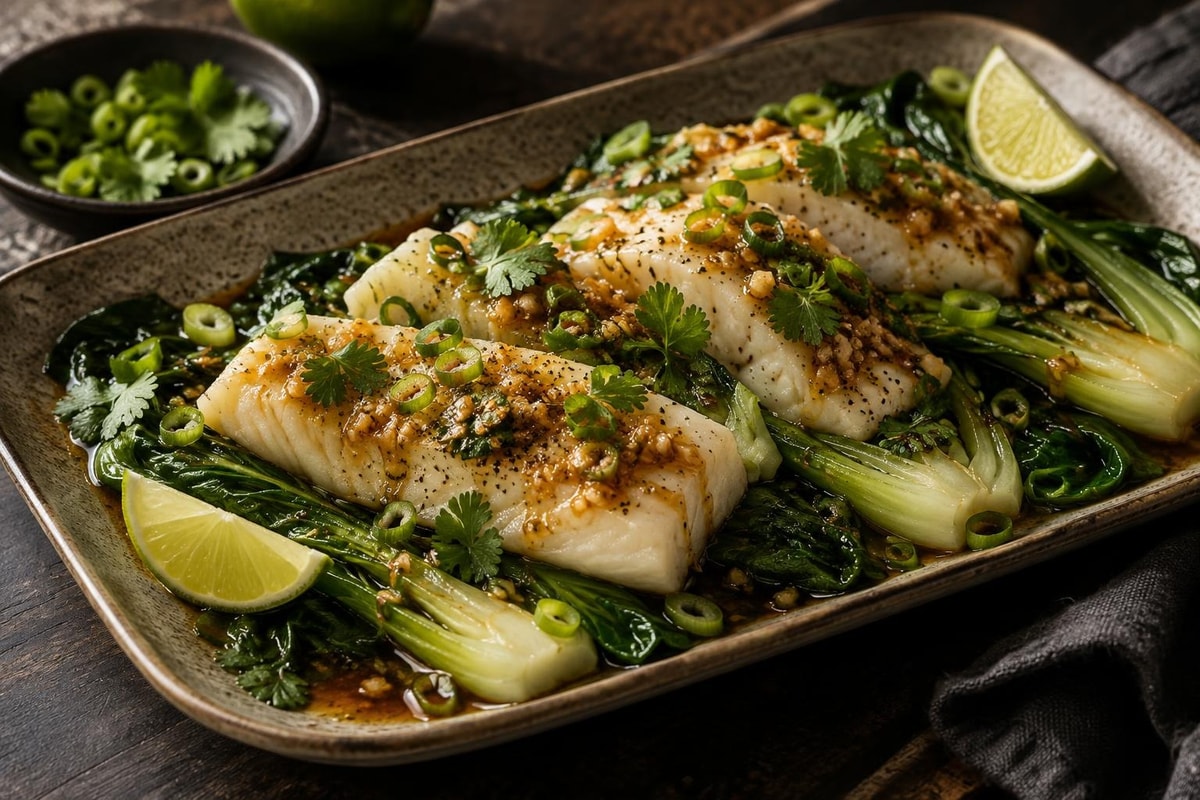 Steamed Ginger Soy Cod Pak Choi Tray Steamed Ginger Soy Cod Pak Choi Tray recipe from Featherlite Fork