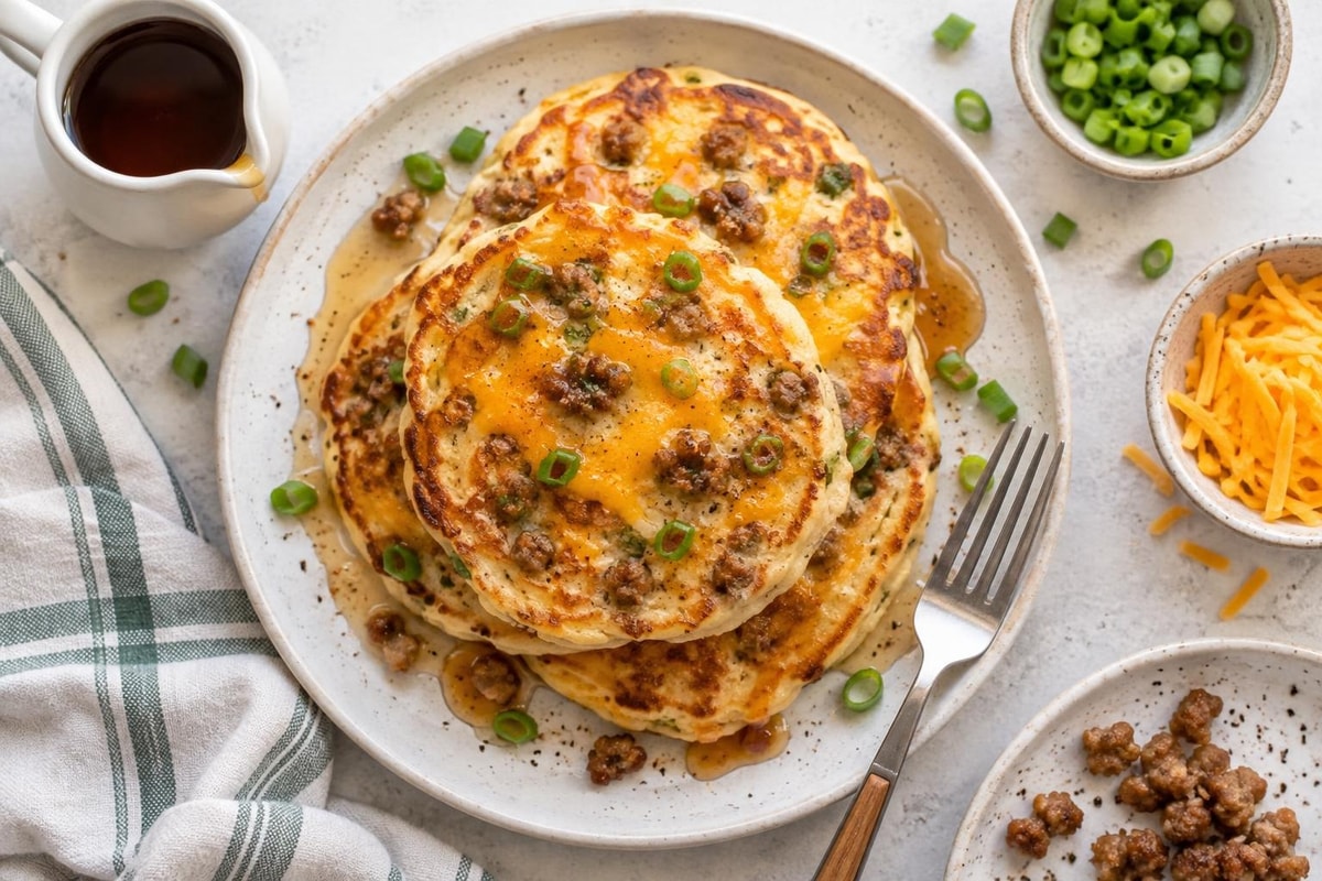 Cheesy Breakfast-for-Dinner Pancake Stacks recipe from Little Fork Academy