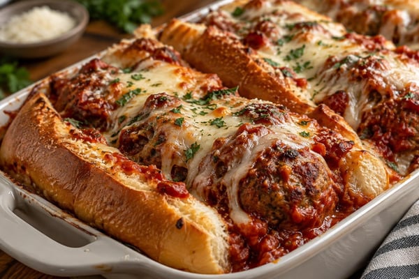 Cheesy Sunday Gravy Meatball Sub Bake recipe from Velvet Spoon Kitchen