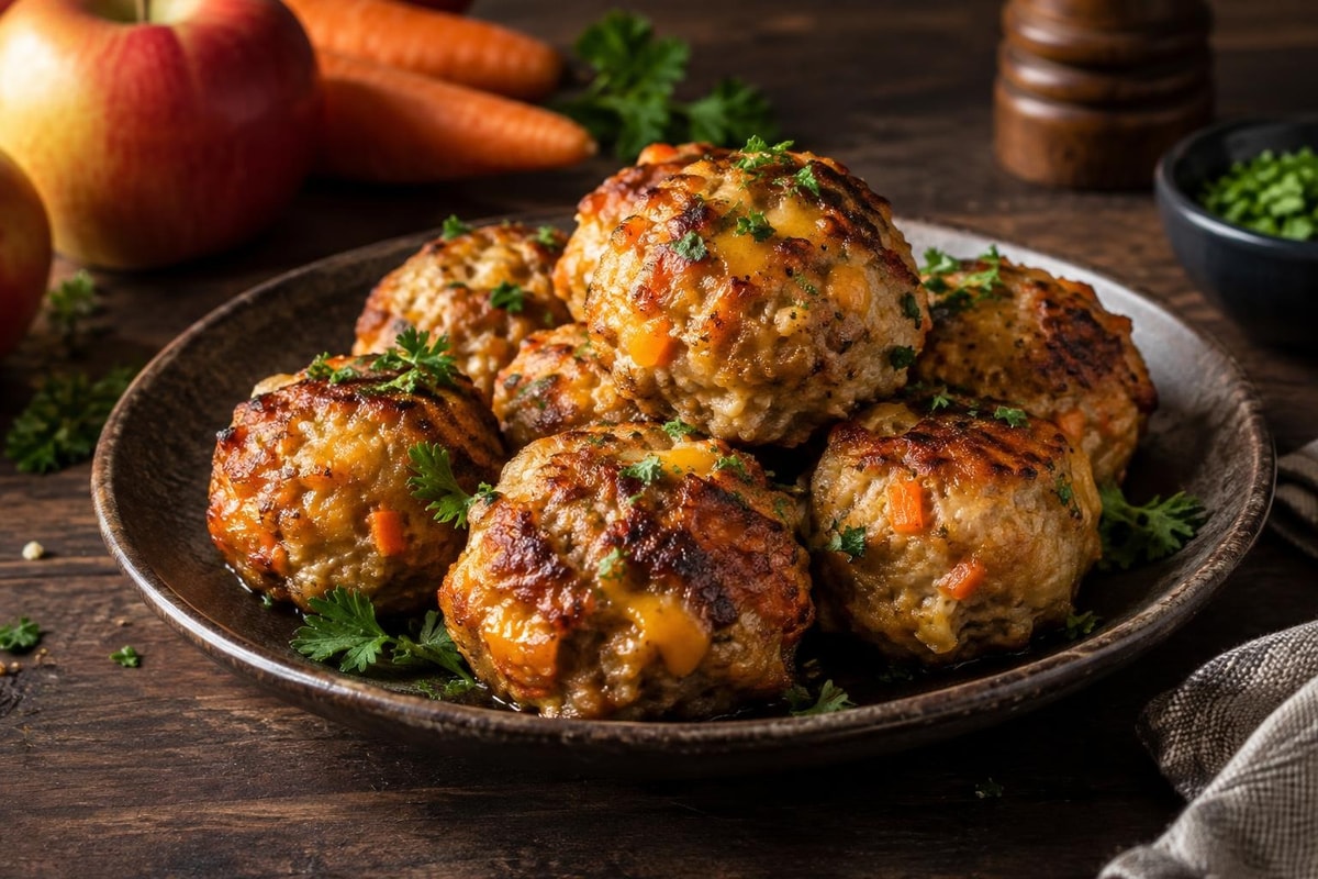 Cheesy Apple Carrot Pork Meatballs Cheesy Apple Carrot Pork Meatballs recipe from Little Fork Academy
