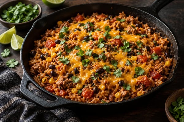 Weeknight Cheesy Taco Rice Skillet Weeknight Cheesy Taco Rice Skillet recipe from Quarter Hour Table