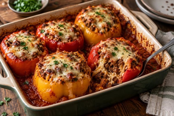 Lasagna Stuffed Peppers recipe from Hearthday Table