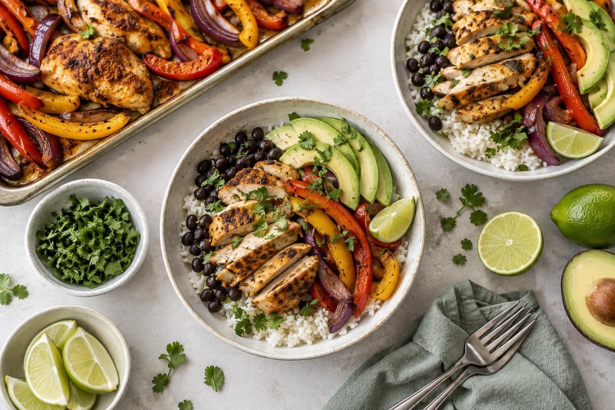 Tray Sheet-Pan Fajita Chicken Bowls Tray Sheet-Pan Fajita Chicken Bowls recipe from Sunday Box Kitchen